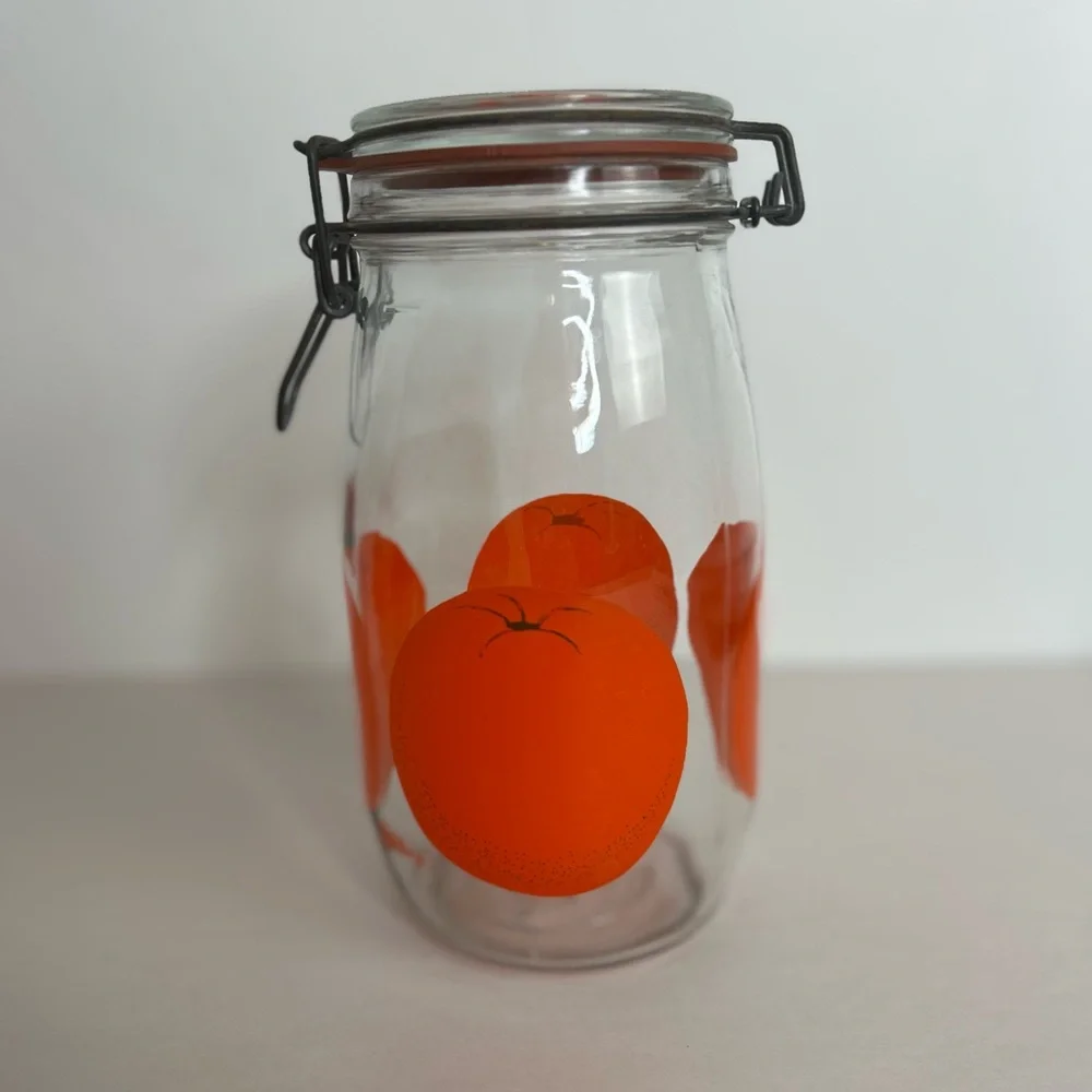 Vintage 60's The Cannery‎ Hinged Glass Jar Container with Orange Design 1.5L